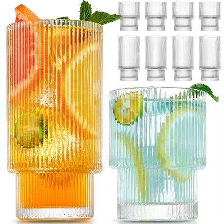 Small 8 Pack Drinking Glasses, 4pcs Highball Glasses (11oz) & 4pcs Rocks