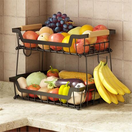 GILLAS 2 Tier Countertop Fruit Basket with 2 Banana Hangers for Kitchen,