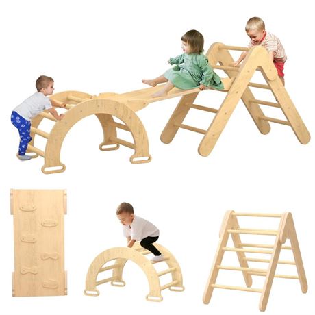 Pikler Triangle Set - Montessori Wooden Climbing Gym for Toddlers 1-3 - Indoor