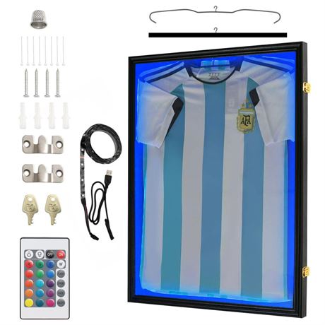 Jersey Frame Display Case with Lights, Large LED Lockable Shadow Box, Wall