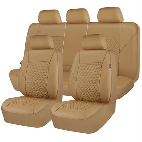 CAR PASS Faux Leather Seat Covers Full Set, Quilting Waterproof Premium