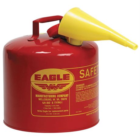 Red Galvanized Steel Type I Gasoline Safety Can with Funnel - 5 Gal Capacity