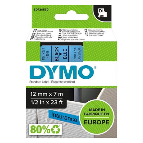 Dymo D1 Standard Labelling Tape 12mm x 7m - Black on Blue Black on Blue Single