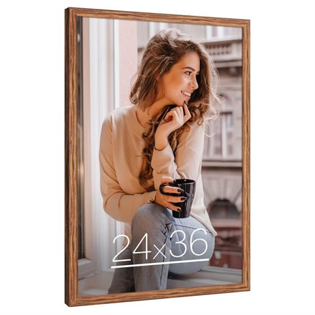 24x36 Poster Frame Brown Wood, Rustic Natural 36x24in Woodgrain Picture Frame,