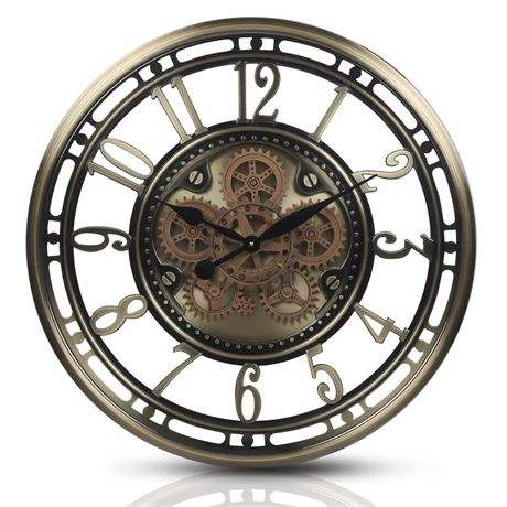 CLXEAST Large Moving Gear Wall Clock for Living Room Decor, Modern Farmhouse