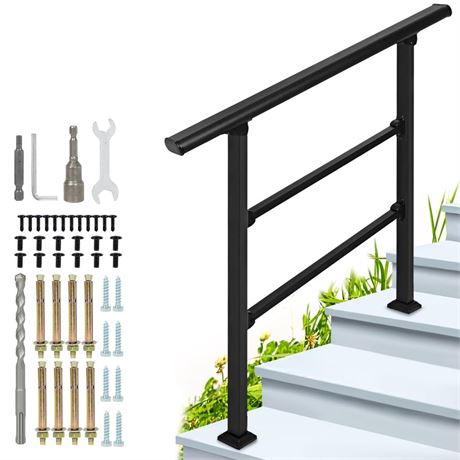 3-Step Outdoor Stair Railing: Black Wrought Iron Handrail for 2 to 3 Steps -