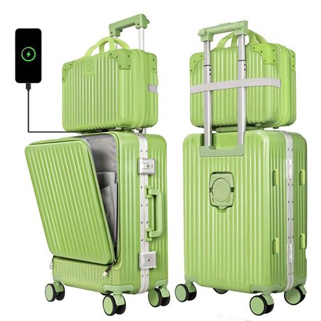 Aluminum Frame Luggage Carry On Suitcase Sets with Cup Holder and USB Port 20"
