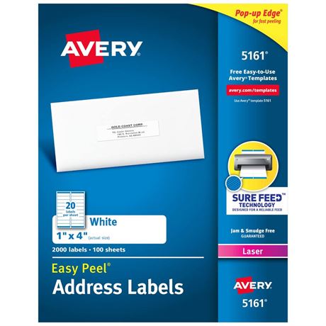 Avery Easy Peel Printable Address Labels with Sure Feed, 1" x 4", White, 2,000