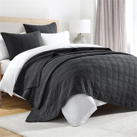 HORIMOTE HOME 100% Cotton Quilt Set King Size, Charcoal Pre-Washed Bedspreads