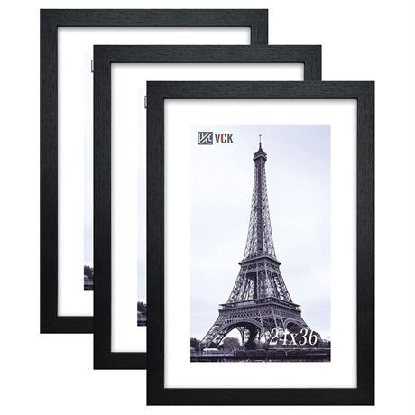 VCK 24x36 Solid Wood Poster Frames Black 3 Pack Picture Frame with Wall