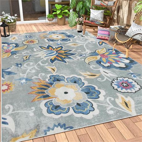 Lahome Floral Indoor Outdoor Rugs, 6x9ft Non Slip Outdoor Patio Rug for Balcony