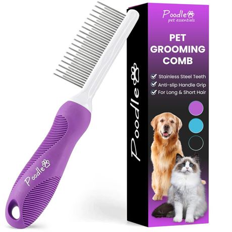 Poodle Pet Detangling Pet Comb with Long & Short Stainless Steel Teeth for