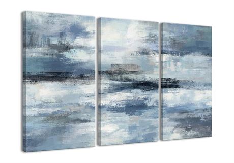 Blue Abstract Wall Art-Grey Abstract Picture 3 Piece Living Room Office Canvas