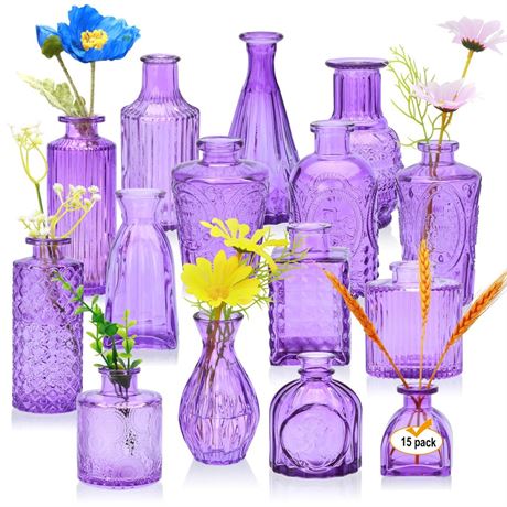 Glass Bud Vase Set of 15,Small Glass Vases for Flowers,Vintage Bulk Purple Mini
