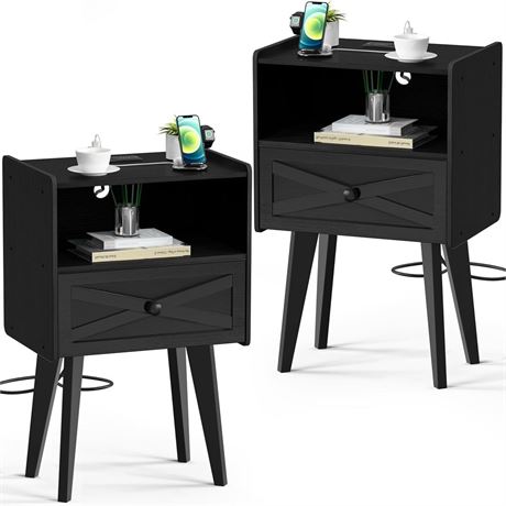 Gannyfer Mid Century Modern Nightstand Set of 2 with Charging Station and USB