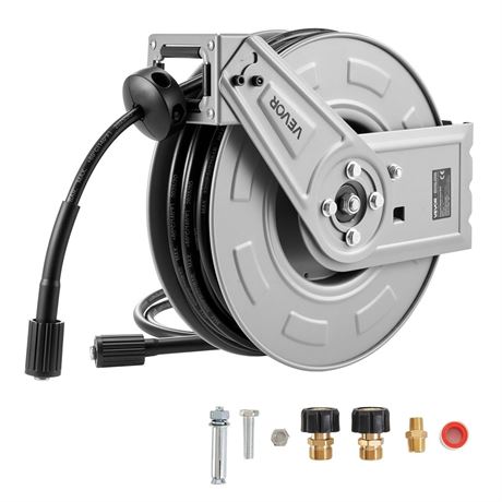 VEVOR Pressure Washer Hose Reel, 65 ft x 1/4 inch Retractable Power Heavy-Duty