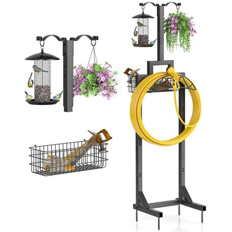 Garden Hose Holder Freestanding with Storage Basket & 2 Shepherds Hooks, Heavy