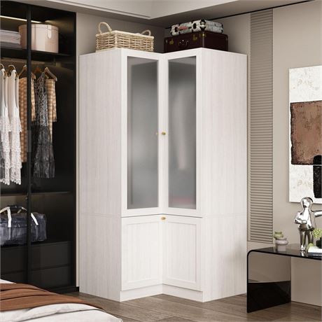 NO GLASS - MOUMON 70.9" L-Shaped Corner Wardrobe  Armoire Closet  Space-Saving,