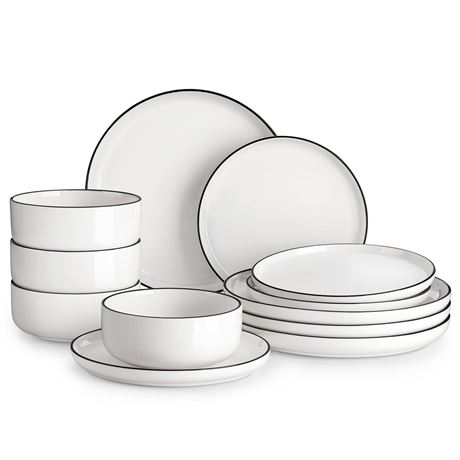 MALACASA Plates and Bowls Sets, 12 Pieces Modern Porcelain Dinnerware Set for 4