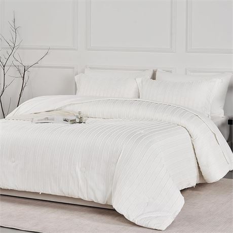 JELLYMONI Queen Comforter Set - 3 Pieces White Striped Tufted Bedding Set for