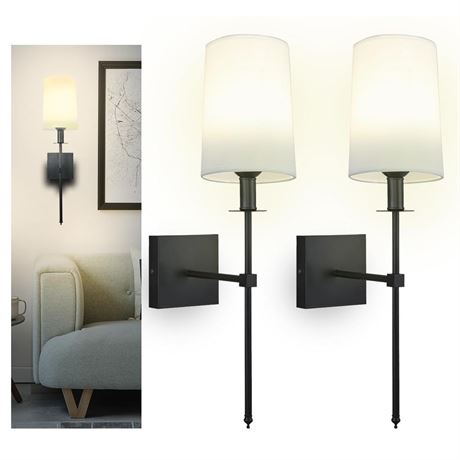 Battery Operated Wall Sconce Set of 2 with Remote Control, White Fabric Shade