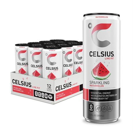 CELSIUS Sparkling Watermelon, Functional Energy Drink 12 fl oz Can (Pack of 12)