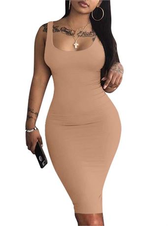 Bodycon Tank Dress Sleeveless Basic Midi Club Dresses Large Camel