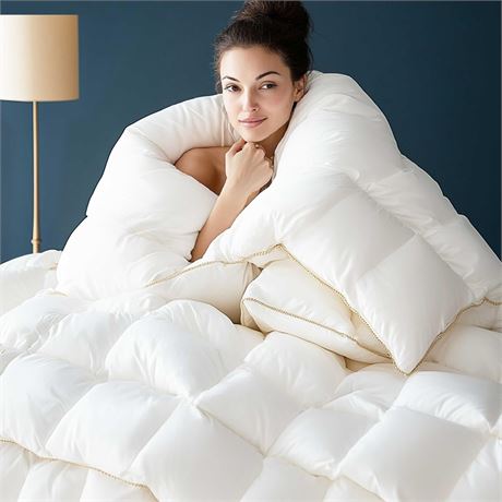 Puffy White Feather Comforter Queen Size with Feathers Down Fiber Filled, All