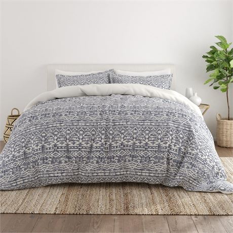 Noble Linens Blue Reversible Modern Rustic Print 2-Piece Duvet Cover Set,