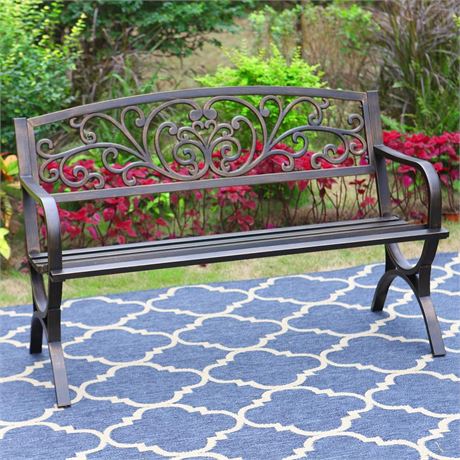 MFSTUDIO 50 Inches Outdoor Garden Bench, Cast Iron Metal Frame Patio Park Bench