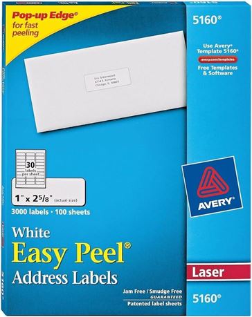 Avery Easy Peel White Mailing Labels for Laser Printers, 1 x 2.62 Inch, Box of