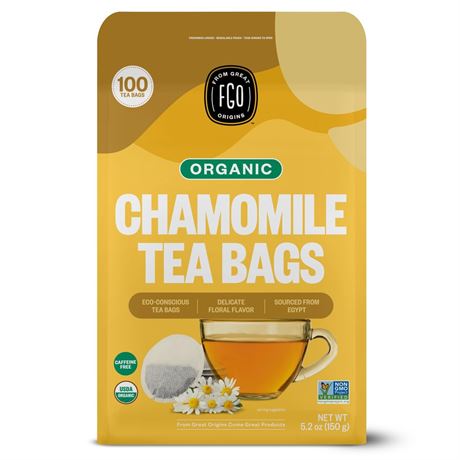 FGO Organic Chamomile Tea, 100 Count, Eco-Conscious Tea Bags, Resealable Bag,