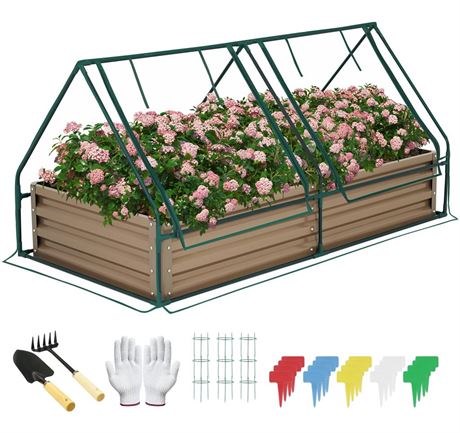 8x4x1FT Metal Raised Garden Bed with Greenhouse 2 Large Zipper Windows Dual