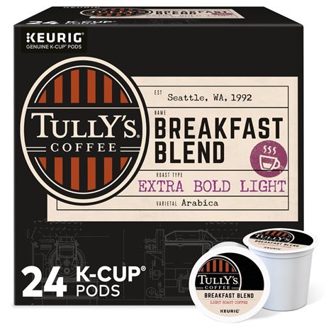 Tully's Coffee Breakfast Blend K-Cup Pods, Light Roast, 24 Count for Keurig
