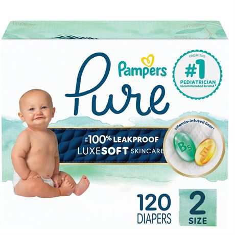 Pampers Pure Baby Diapers, Size 2 (12-18 lbs), 120, up to 100% Leakproof