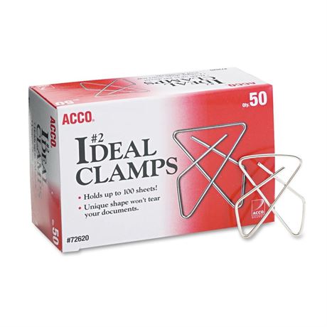 Acco 72620 Ideal Butterfly Clamps, Small, 100 Sheet Cap, Smooth Silver, 50/BX