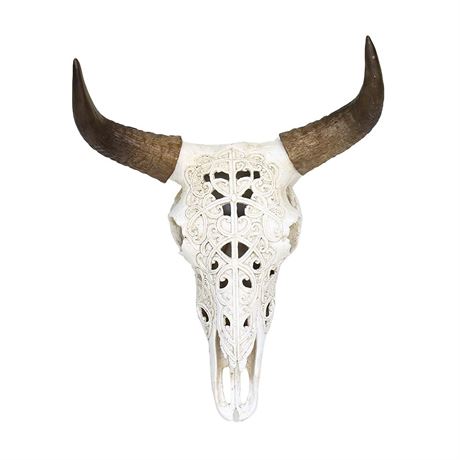 OTARTU White Tribal Design Carved Steer Skull Wall Hanging Sculpture, Cow Horn