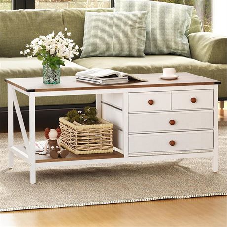 Crestlive Products Coffee Table with 4 Storage Drawers,Farmhouse Coffee Table