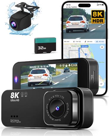 Dash Cam Front and Rear, 8K UHD/2.5K FHD Dash Cam, Dash Camera for Cars, Free