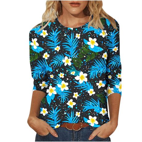 HOOJT Womens Tops Plus Size Casual 3/4 Sleeve Shirts Hawaiian Printed Round