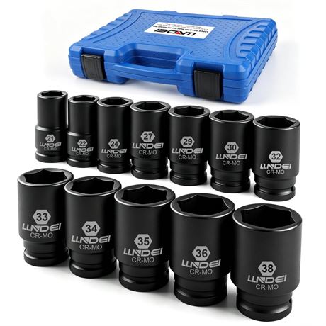 LLNDEI 3/4 inch Drive Impact Socket Set, 12 Piece Heavy Duty CR-MO Deep/Jumbo