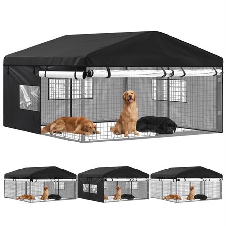Outdoor Dog Kennel Cover 10'D x 10'W x 7'H Full Coverage with Clear PVC Window