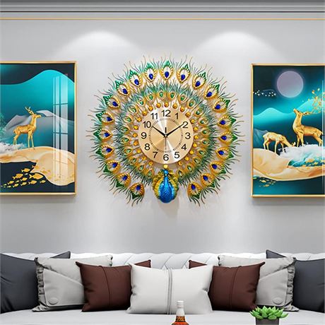 Luxury Large Peacock Wall Clock 23.7 inch Non-Ticking Silent Crystal Creative