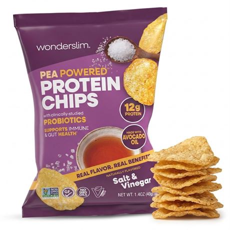 Wonderslim Protein Chips with Probiotics, Salt & Vinegar | 12g Plant Protein,