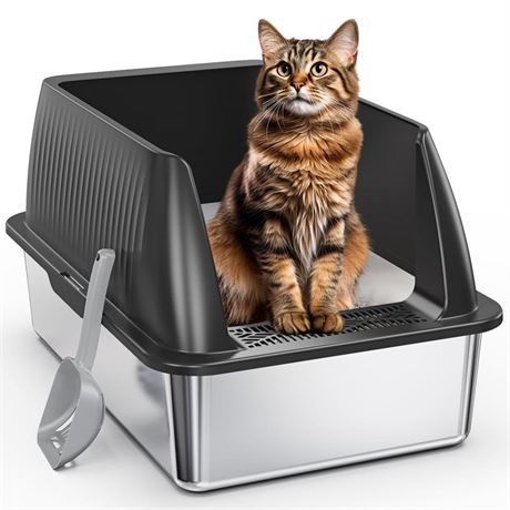 Stainless Steel Litter Box,XL Metal Litter Box with Lid,High Side Cat Litter