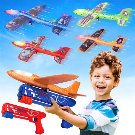 Fuwidvia 4 Pack Airplane Launcher Toys, 2 Flight Modes LED Foam Plane Toy for