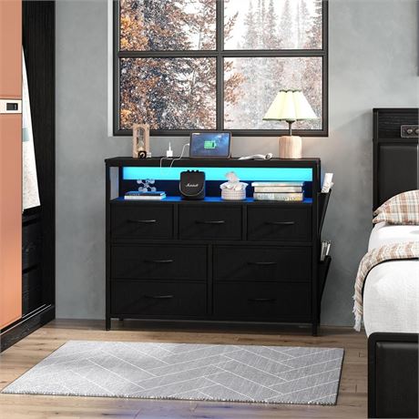 7 Drawer Dresser with Charging Station, TV Stand Fabric Storage Tower for