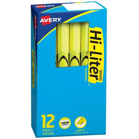 AVERY Hi-Liter Pen-Style Highlighters, Smear Safe Ink, Chisel Tip, 12