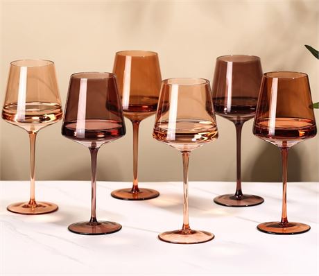 Brown Wine Glasses Set of 6-18oz【Hand Blown】 Crystal Amber Stemmed Venus Wine
