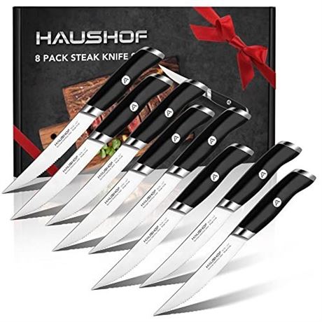 HAUSHOF Steak Knives Set of 8, German Stainless Steel Premium Serrated Steak